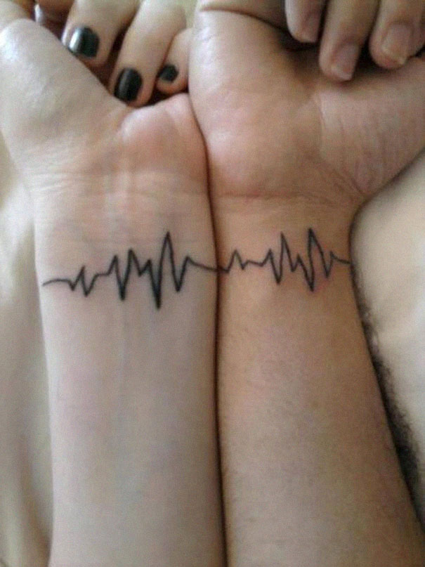 Matching couple tattoos featuring connected heartbeats on wrists.