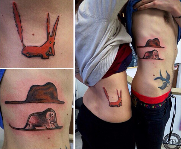 Matching couple tattoos of animals and a hat on their sides.