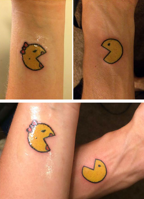 Matching couple tattoos of Pac-Man and Ms. Pac-Man on forearms.