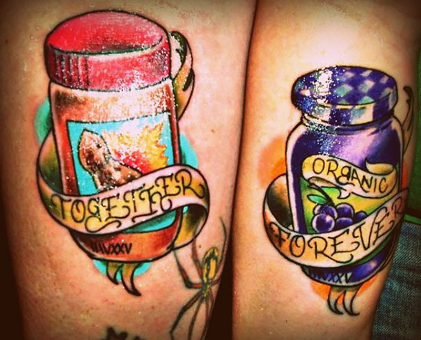Matching couple tattoos featuring peanut butter and jelly jars with "Together" and "Forever" banners.