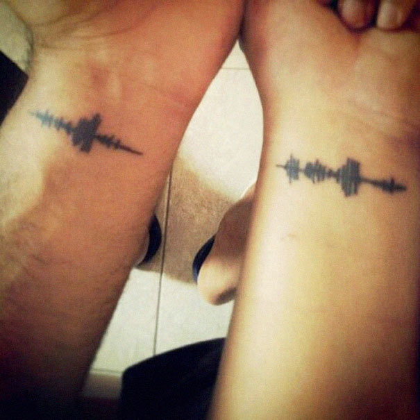 Matching couple tattoos on wrists, depicting soundwave designs.