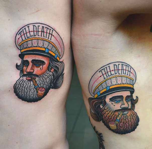 Matching couple tattoos of a sailor with "Till Death" hats.