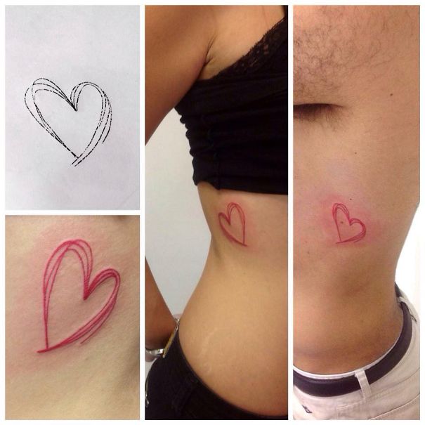 Matching couple tattoos featuring a sketched red heart design on two individuals' sides.