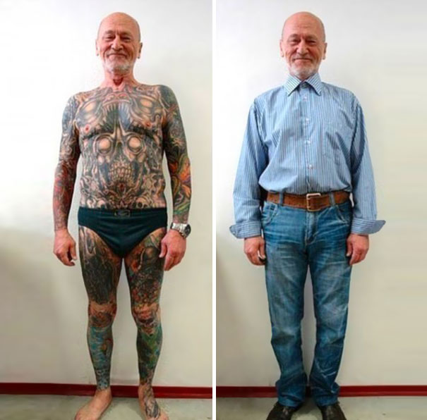 Tattooed senior man in swimsuits and casual clothes side by side, showing how ink looks at 60.