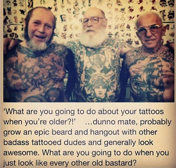 Three tattooed seniors proudly displaying their ink, answering how tattoos look with age.