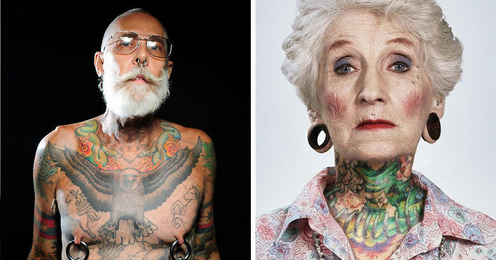 Two tattooed seniors showcasing vibrant ink on chest and neck, demonstrating how tattoos look when you're 60 years old.