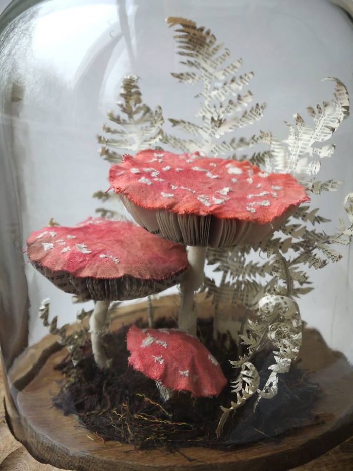 Life-like Fly Agaric Mushrooms And A Fern Sculpted From Old Book Pages And Reclaimed Fabrics