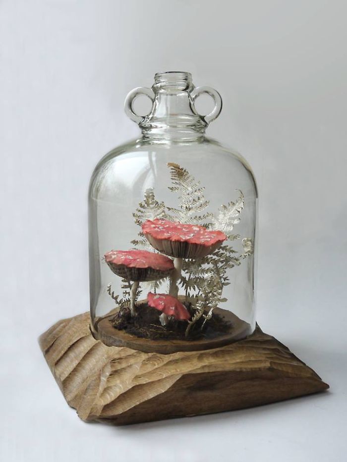 Life-like Fly Agaric Mushrooms And A Fern Sculpted From Old Book Pages And Reclaimed Fabrics