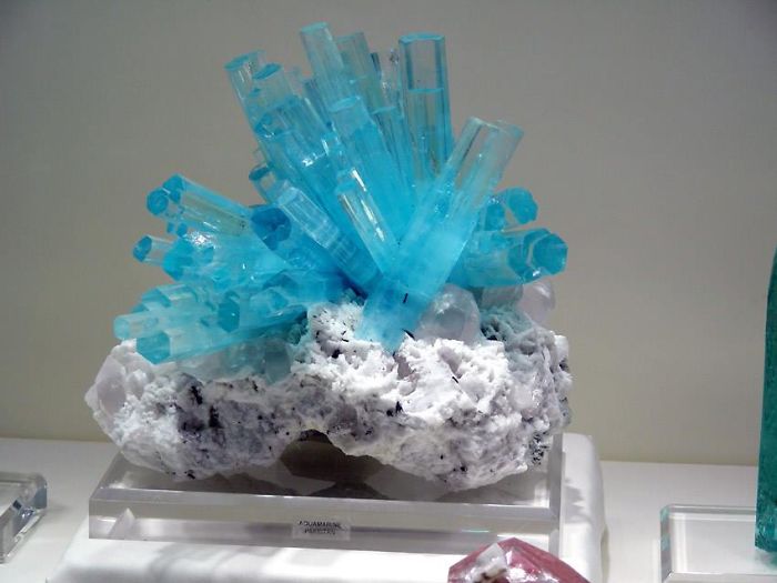 Blue mineral crystals on white stone display, showcasing beautiful minerals.
