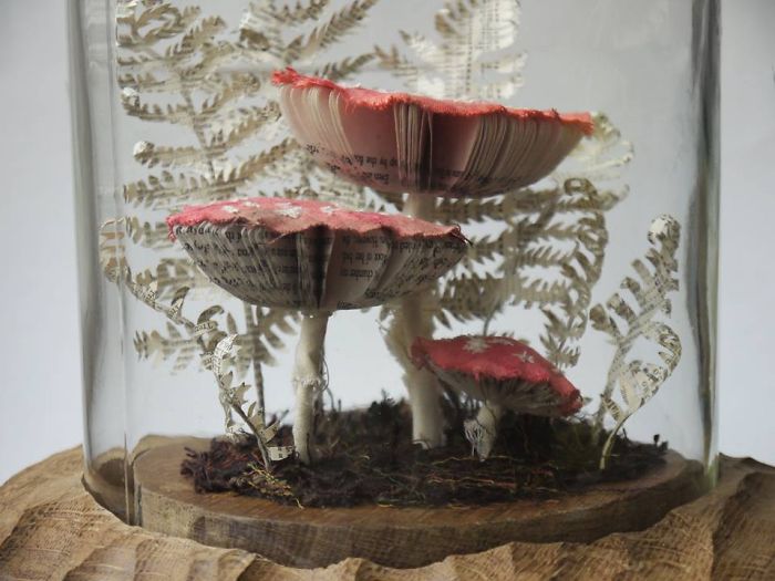 Life-like Fly Agaric Mushrooms And A Fern Sculpted From Old Book Pages And Reclaimed Fabrics Life-like Fly Agaric Mushrooms And A Fern Sculpted From Old Book Pages And Reclaimed Fabrics