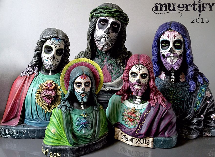 Muertify! Vintage Holy Statues Turned Into Dia De Los Muertos. Muertify! Vintage Holy Statues Turned Into Dia De Los Muertos.