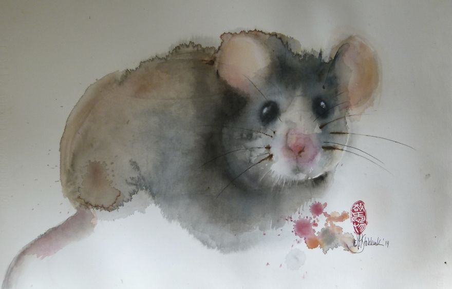 A Rat At Toulouse. 55x38cm Water Painting By Marie-hélène Stokkink