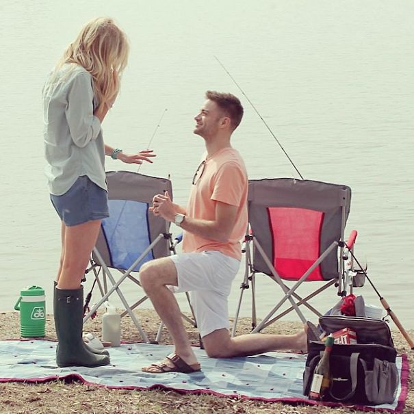 About an hour into our fishing trip, Randee told me to pick out a new lure. I opened the tackle box to find a tiny bag from a local jeweler we both loved. I turned around to face him and he was on one knee.