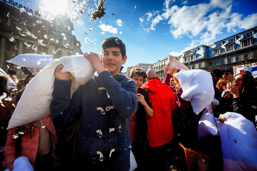 International Pillow Fight Day In Bucharest, Romania