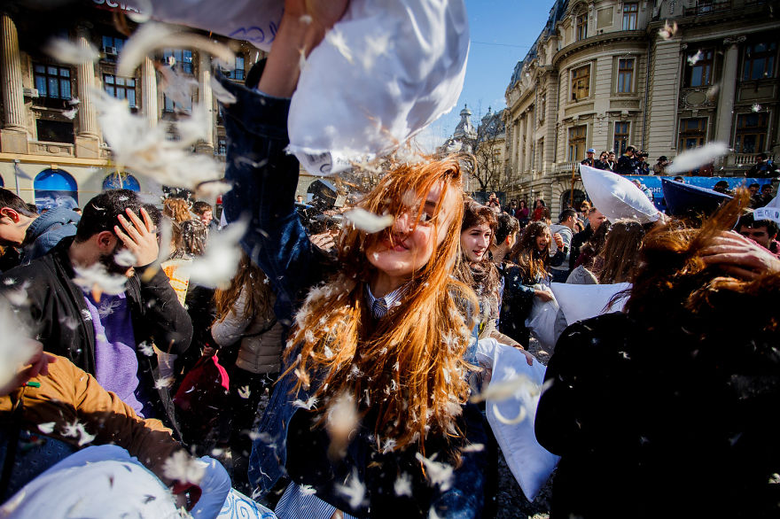 International Pillow Fight Day In Bucharest, Romania