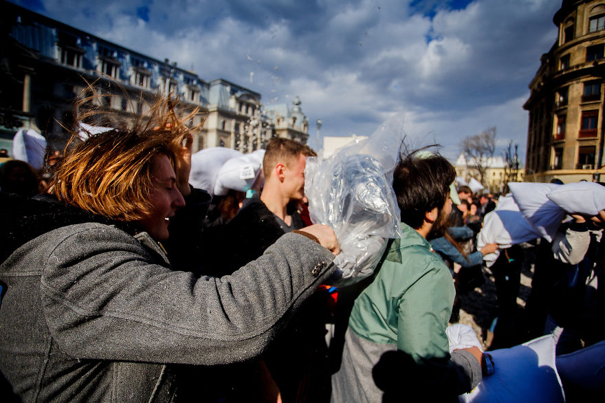 International Pillow Fight Day In Bucharest, Romania