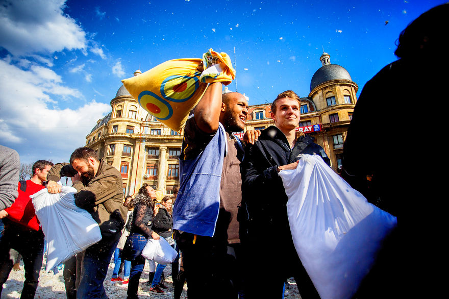 International Pillow Fight Day In Bucharest, Romania