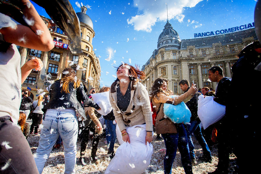 International Pillow Fight Day In Bucharest, Romania
