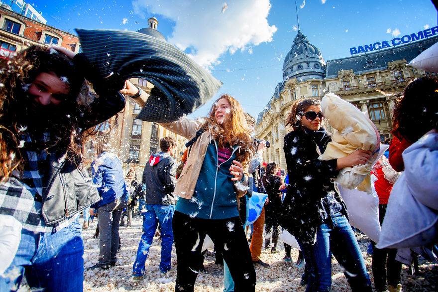 International Pillow Fight Day In Bucharest, Romania International Pillow Fight Day In Bucharest, Romania