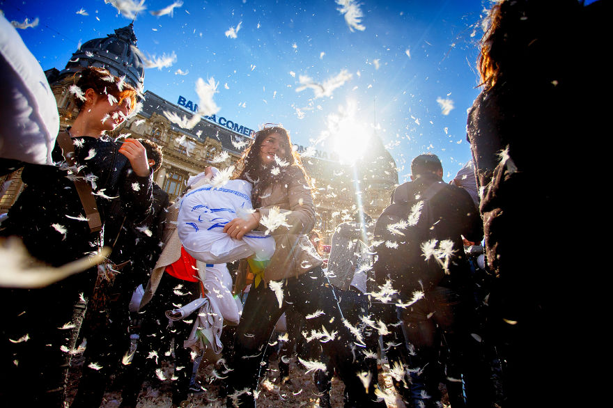 International Pillow Fight Day In Bucharest, Romania