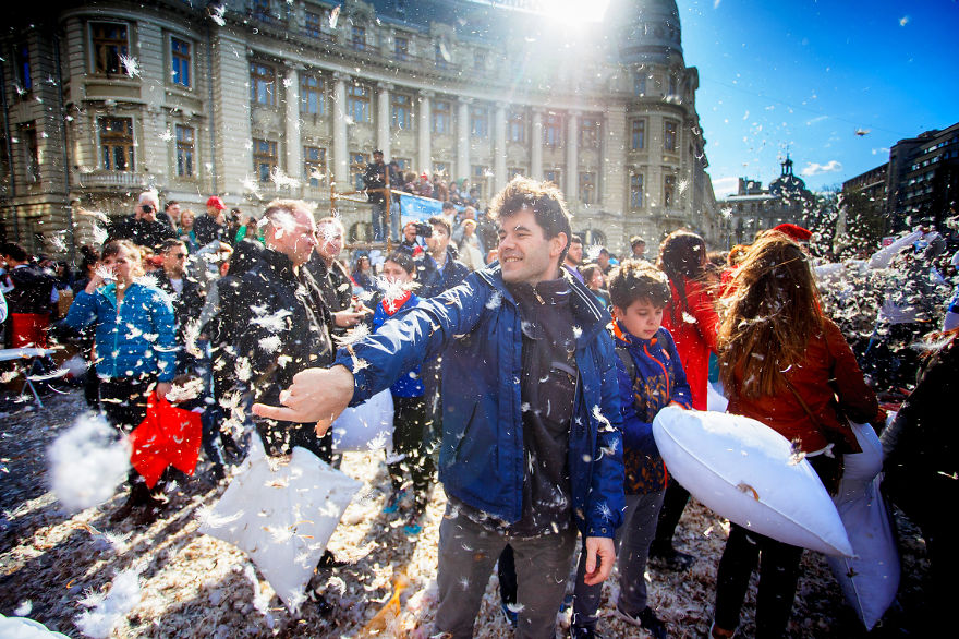 International Pillow Fight Day In Bucharest, Romania