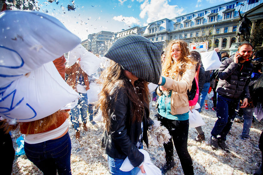 International Pillow Fight Day In Bucharest, Romania