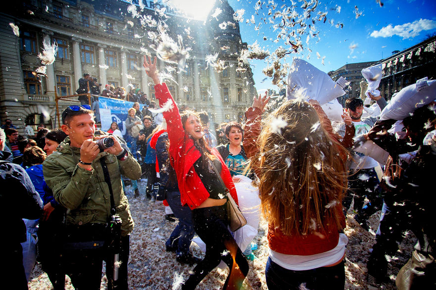 International Pillow Fight Day In Bucharest, Romania