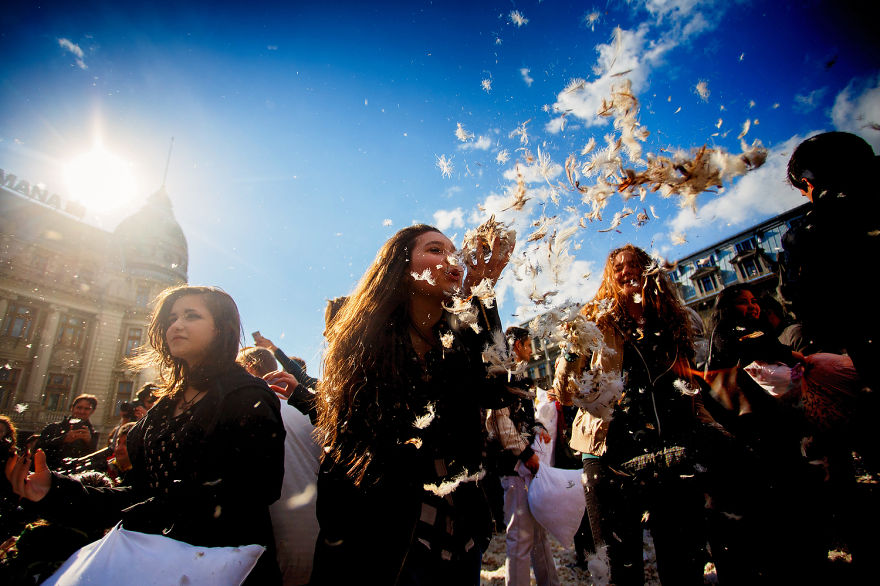 International Pillow Fight Day In Bucharest, Romania