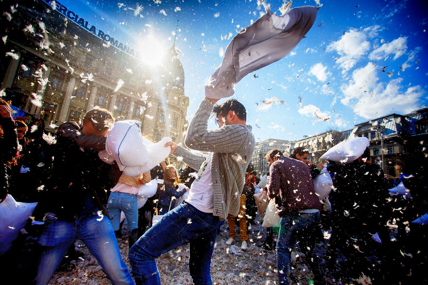 International Pillow Fight Day In Bucharest, Romania International Pillow Fight Day In Bucharest, Romania