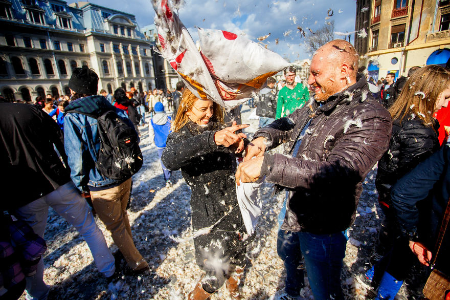 International Pillow Fight Day In Bucharest, Romania
