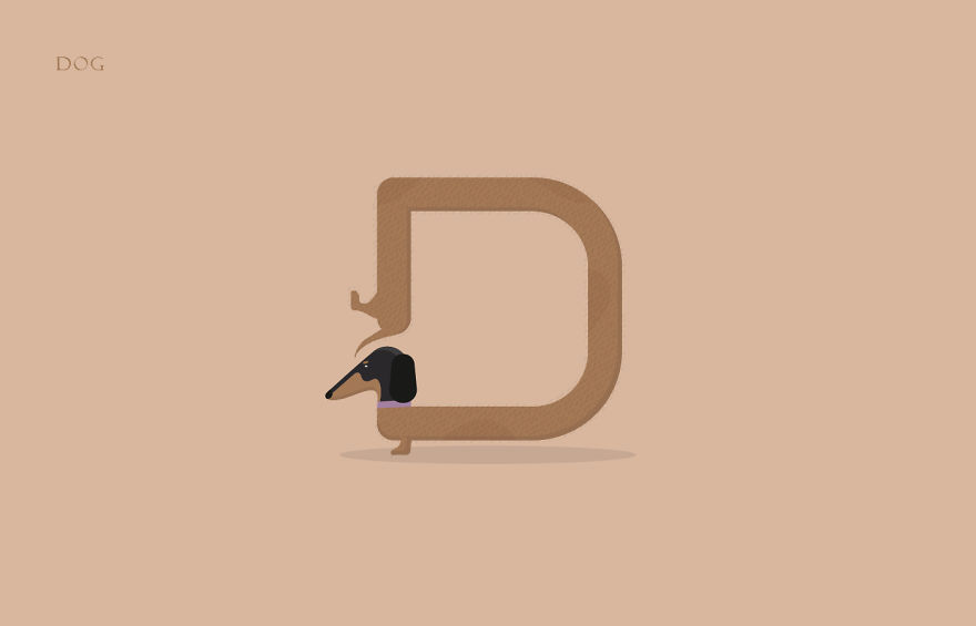 Letter D shaped like a dog’s body with the head forming the letter in animal alphabet illustration.