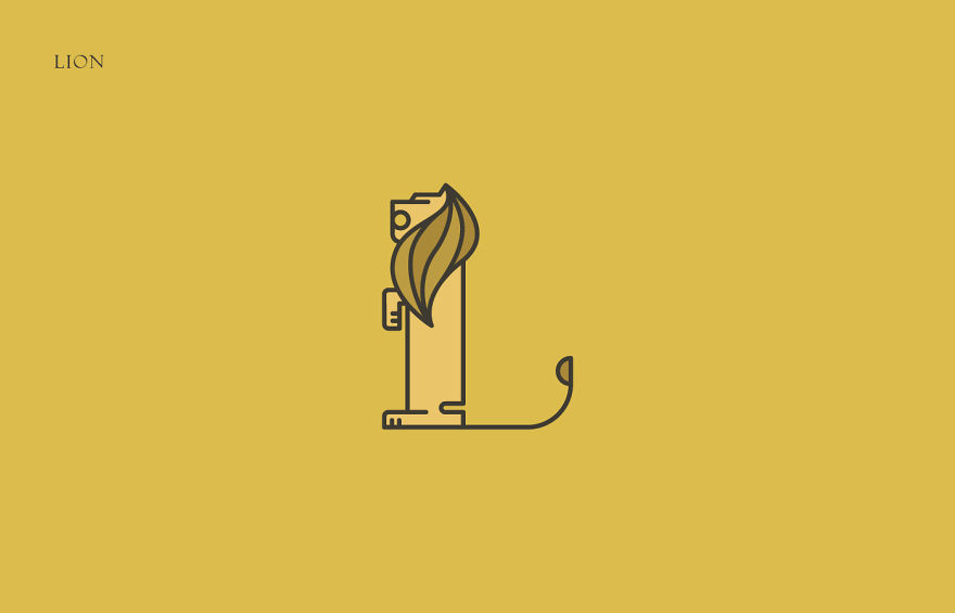 Minimalist animal alphabet design of a lion created from the first letter of its name on a yellow background.