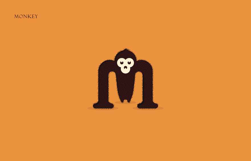 Illustration of the animal alphabet featuring a monkey designed from the first letter of its name on an orange background.