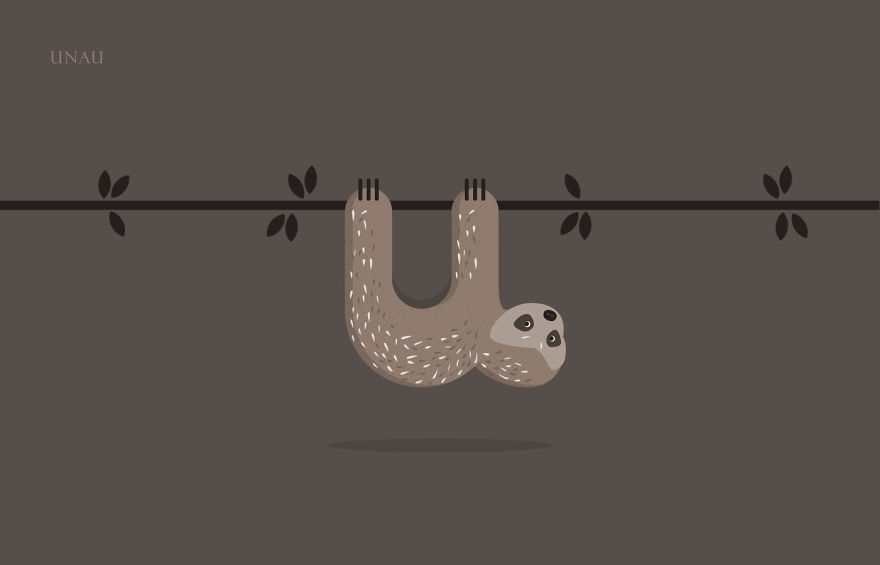 Illustration of an animal alphabet featuring a sloth shaped like the letter U hanging from a branch.
