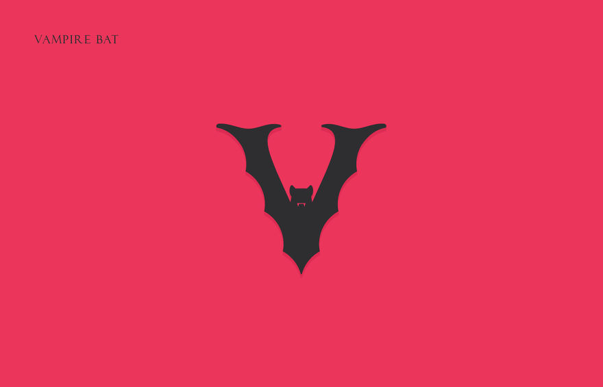 Stylized letter V shaped like a vampire bat, creative animal alphabet made from the first letters of their names on red background.