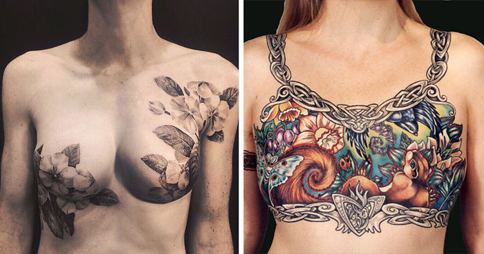 Breast cancer survivors with beautiful tattoos covering mastectomy scars, showcasing artistic floral and animal designs.