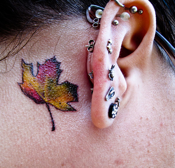 Creative ear tattoo of a colorful maple leaf behind a pierced ear.