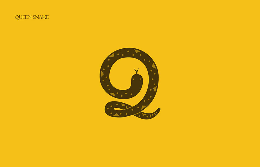 Illustration of the letter Q shaped like a queen snake as part of the animal alphabet made from first letters of names.