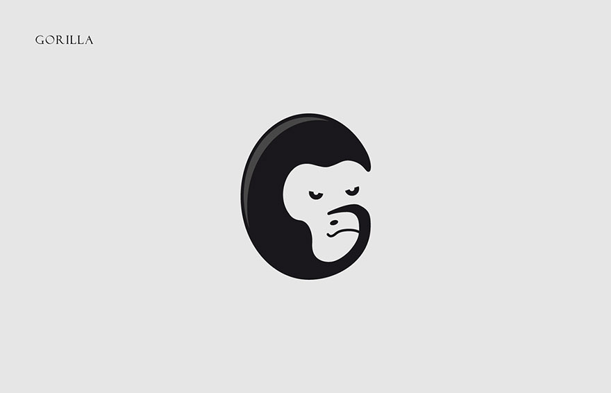 Minimalist animal alphabet illustration of a gorilla formed from the first letter of its name.
