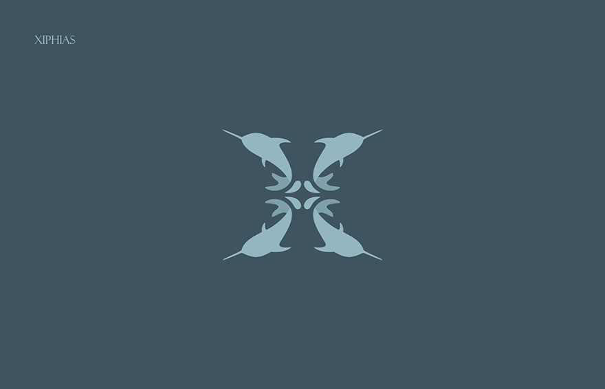 Illustration of the letter X formed by four stylized swordfish as part of an animal alphabet design.
