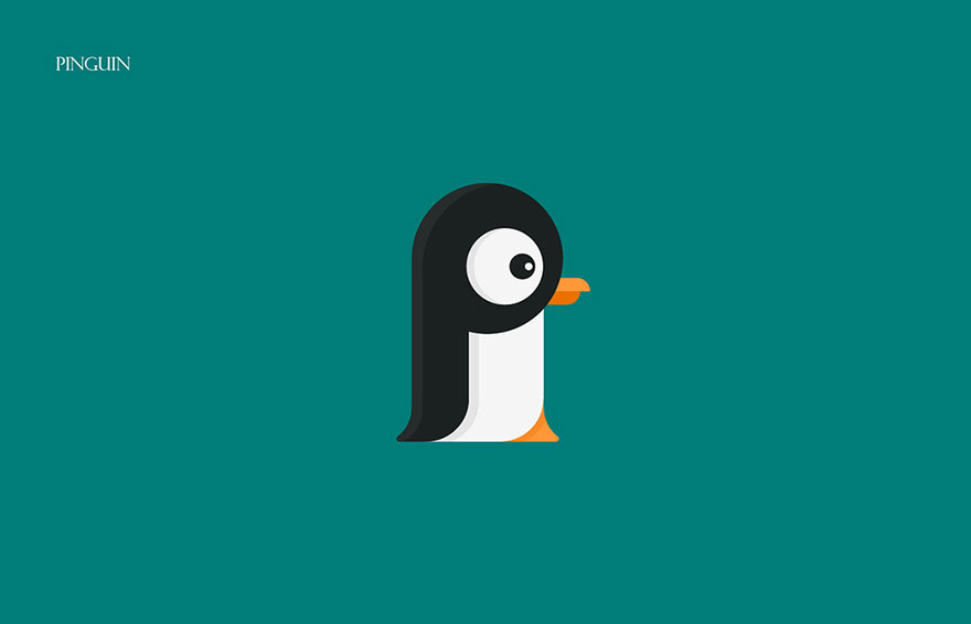 Illustrated animal alphabet featuring a penguin shaped from the first letter of its name on a teal background.