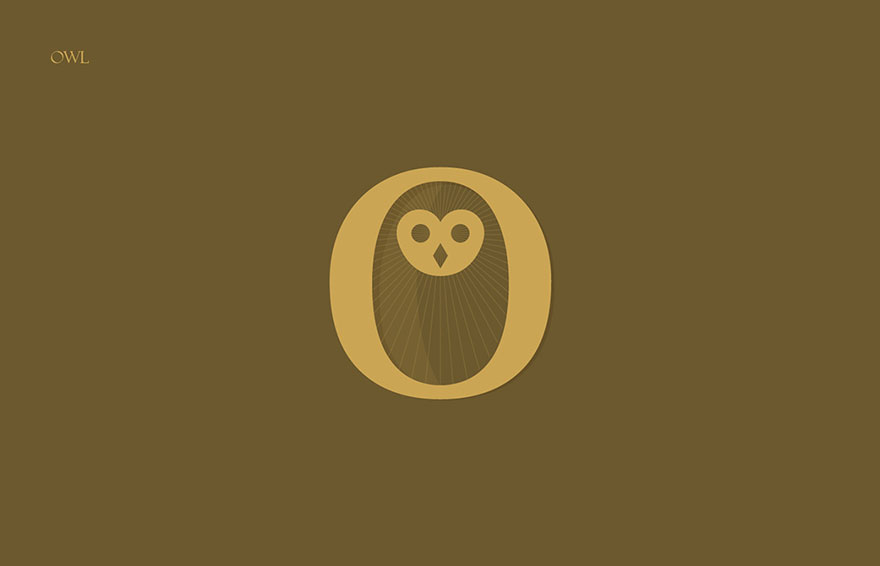 Stylized animal alphabet illustration featuring the letter O designed to resemble an owl's face in warm brown tones.