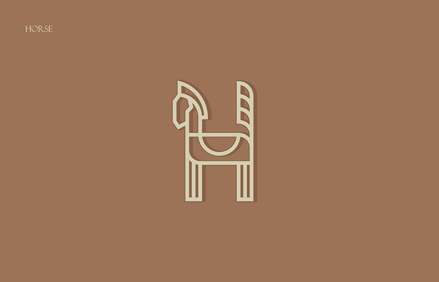 Minimalist illustrated animal alphabet design of a horse formed from the first letter of its name in beige on brown background.