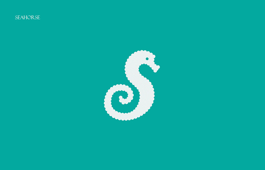 Illustration of a seahorse shaped like the letter S, part of an animal alphabet made from first letters of their names.