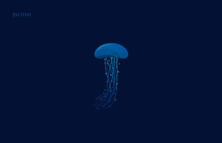 Illustrated jellyfish forming part of the animal alphabet made from the first letters of their names on dark background.