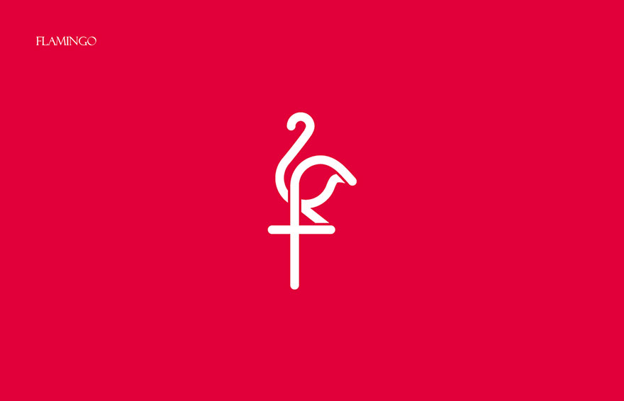 Minimalist flamingo illustration created from the first letters of animal names in the animal alphabet series