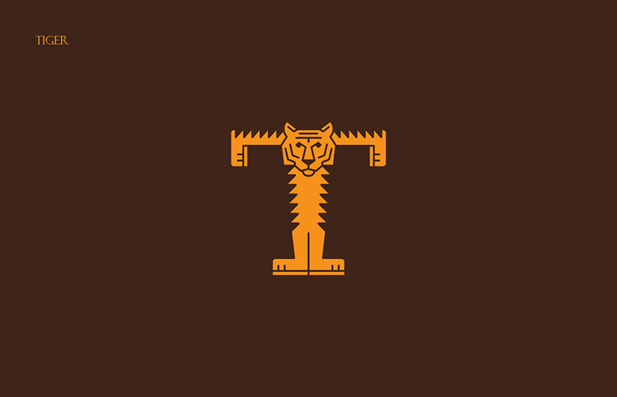 Stylized letter T forming a tiger in an animal alphabet design using the first letters of their names.