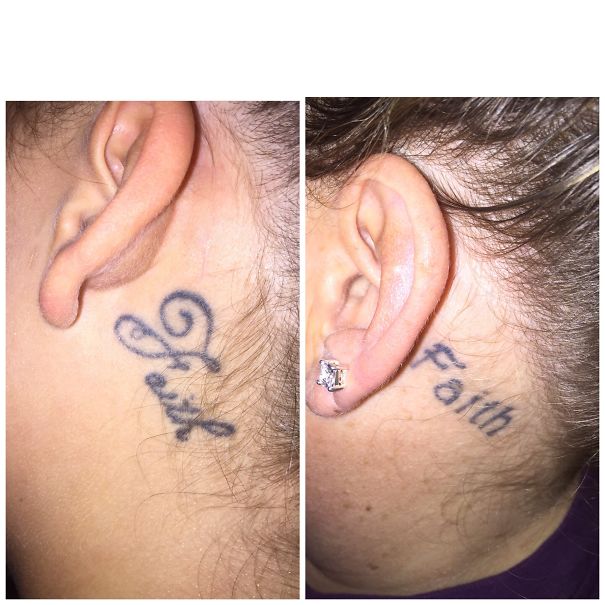 Creative ear tattoos with "Faith" written in elegant script behind each ear.