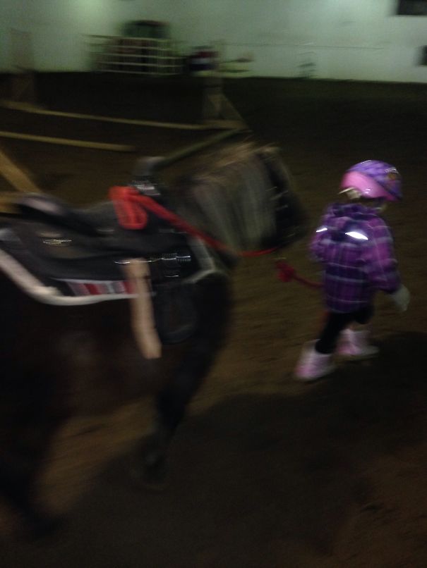 A child in a purple jacket leads a cute mini horse by a red rope in an indoor arena.