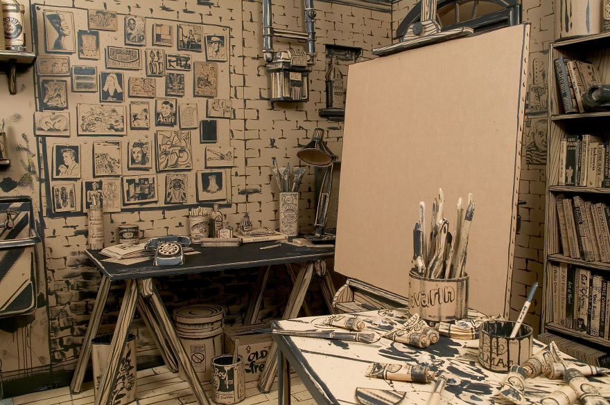 I Made A Full-Scale Artist's Studio Out Of Cardboard, Hot Glue And Black Paint I Made A Full-Scale Artist's Studio Out Of Cardboard, Hot Glue And Black Paint